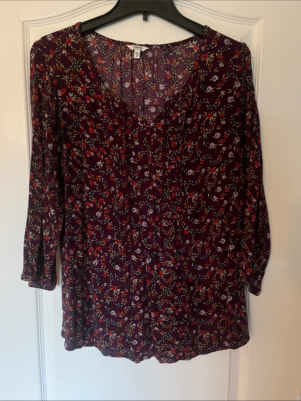 Sonoma Plum Floral V-Neck Blouse with Red and White Accents